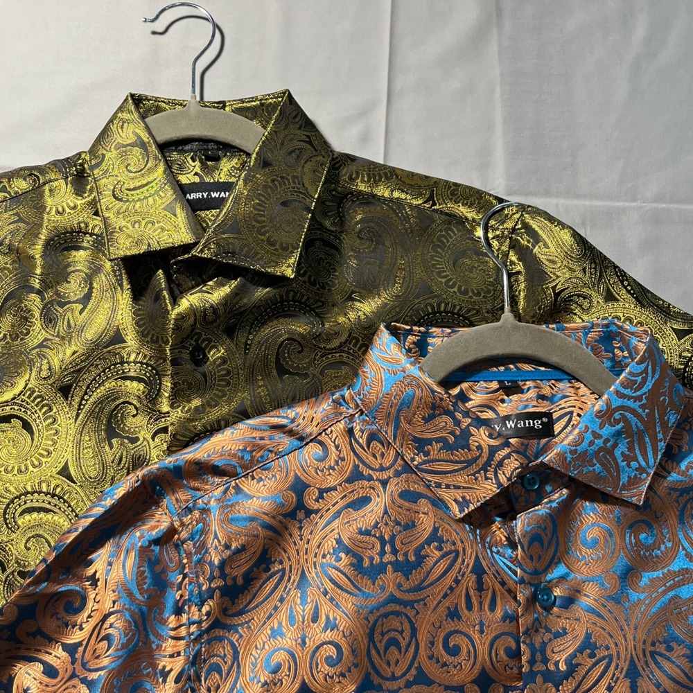 Barry Wang Button Down Shirt Lot Mens L Gold Blue Paisley Jacquard Party Disco
